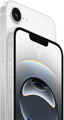 Side view of iPhone 16e in White finish, side exterior, action button, volume buttons and back Fusion camera